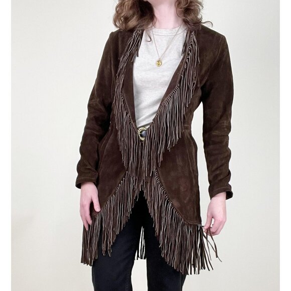 Vintage Suede Leather Fringe Western Boho Cowgirl Long Jacket Coat Fall Bohemian - Picture 1 of 8